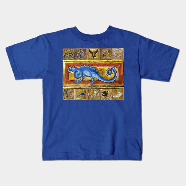 MEDIEVAL BESTIARY,SEPS LEGENDARY SNAKE , FANTASTIC ANIMALS IN GOLD RED BLUE COLORS Kids T-Shirt by BulganLumini